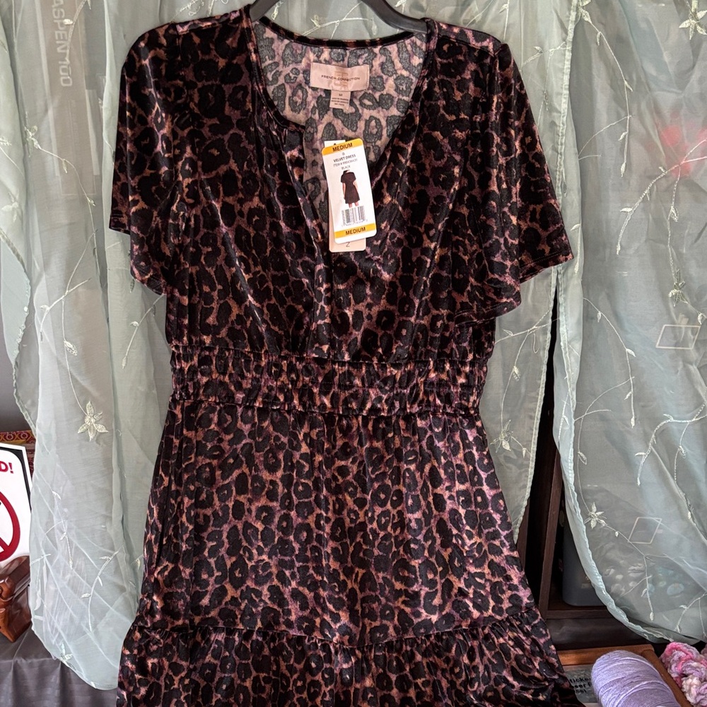French Connection Velvet Leopard Print Short Dress - Black & Brown & Purple